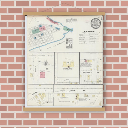 Old map wall art mockup — magnetic wood frame on brick wall — Sanborn Fire Insurance Map from Gladstone, Delta County, Michigan (1890) - Complete Map Set
