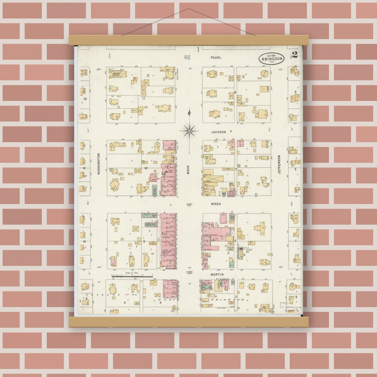 Old map wall art mockup — magnetic wood frame on brick wall — Sanborn Fire Insurance Map from Abingdon, Knox County, Illinois (1898), Sheet #0002