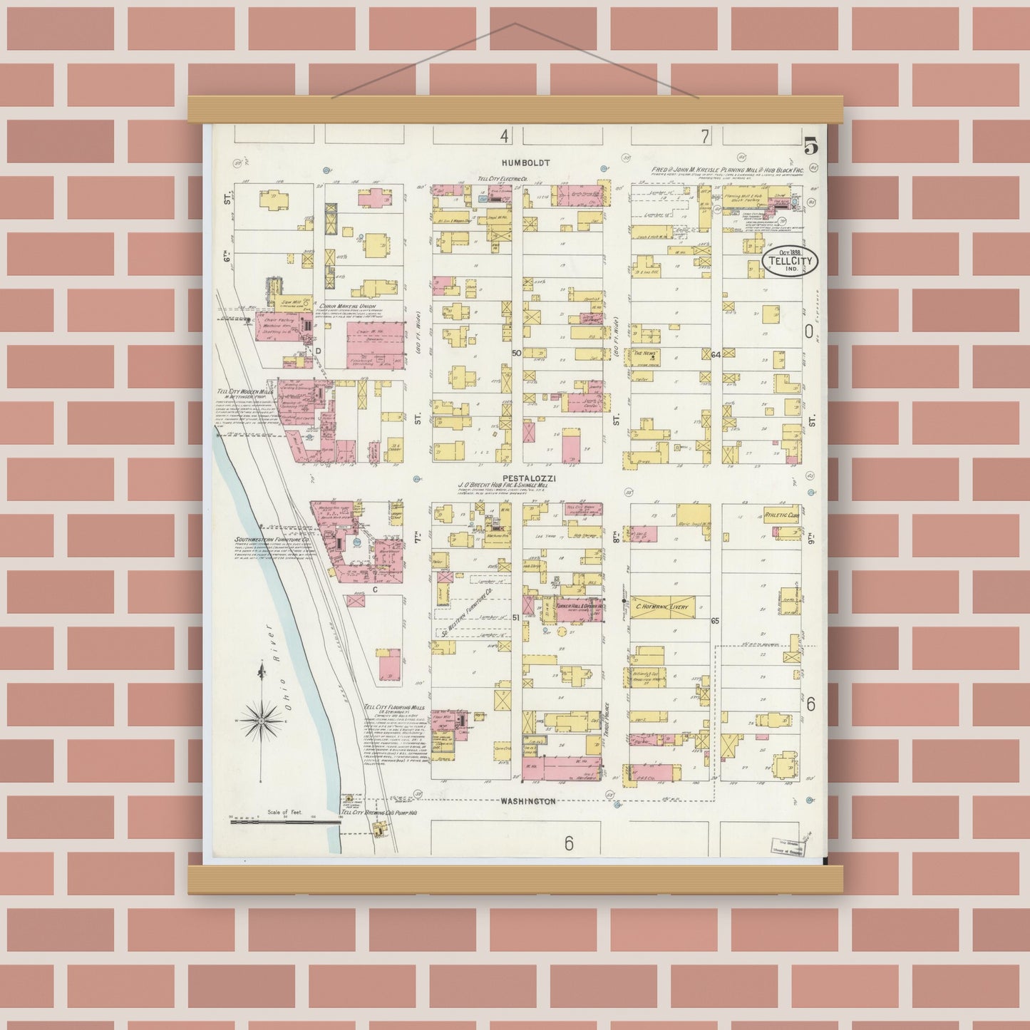 Old map wall art mockup — magnetic wood frame on brick wall — Sanborn Fire Insurance Map from Tell City, Perry County, Indiana (1898), Sheet #0005