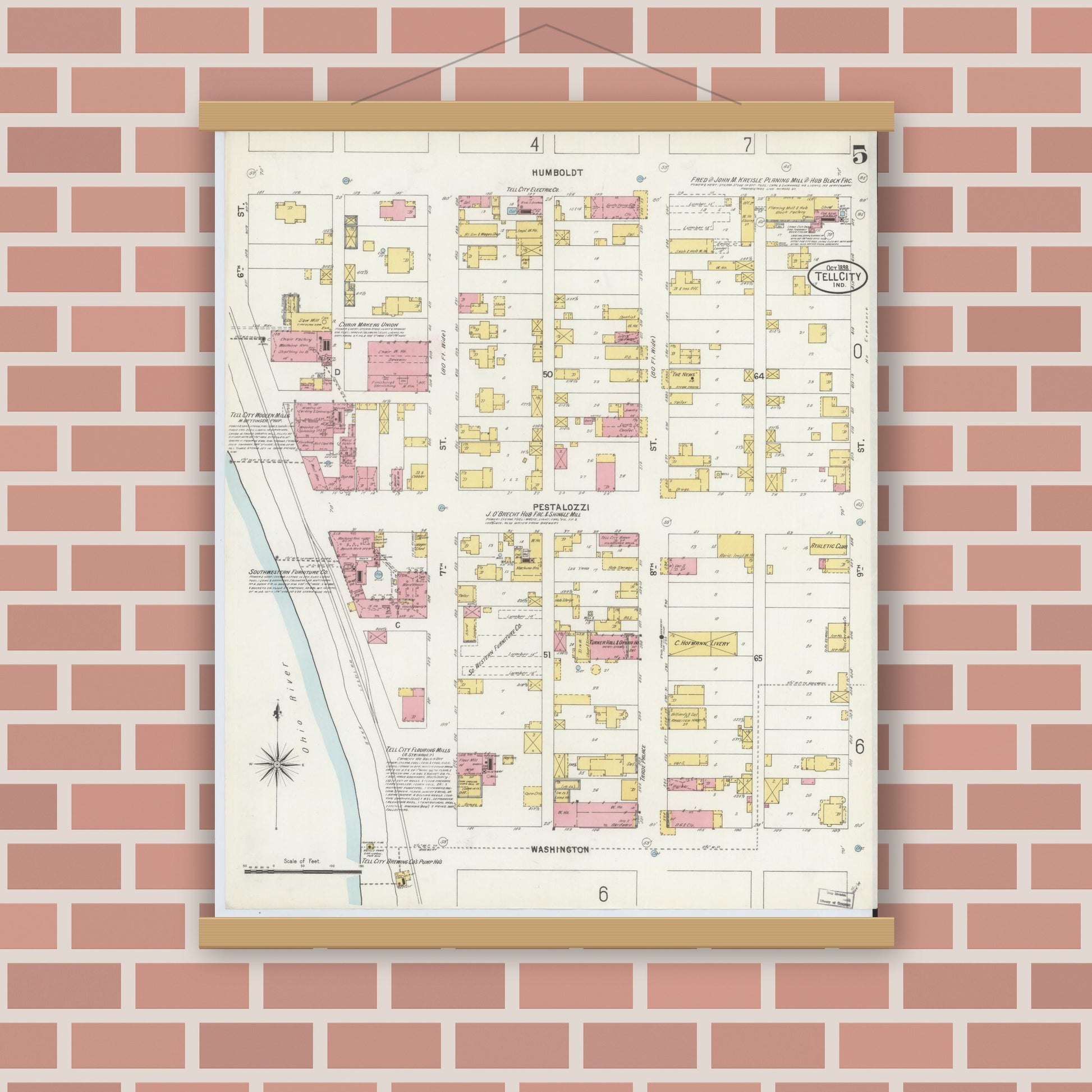 Old map wall art mockup — magnetic wood frame on brick wall — Sanborn Fire Insurance Map from Tell City, Perry County, Indiana (1898), Sheet #0005