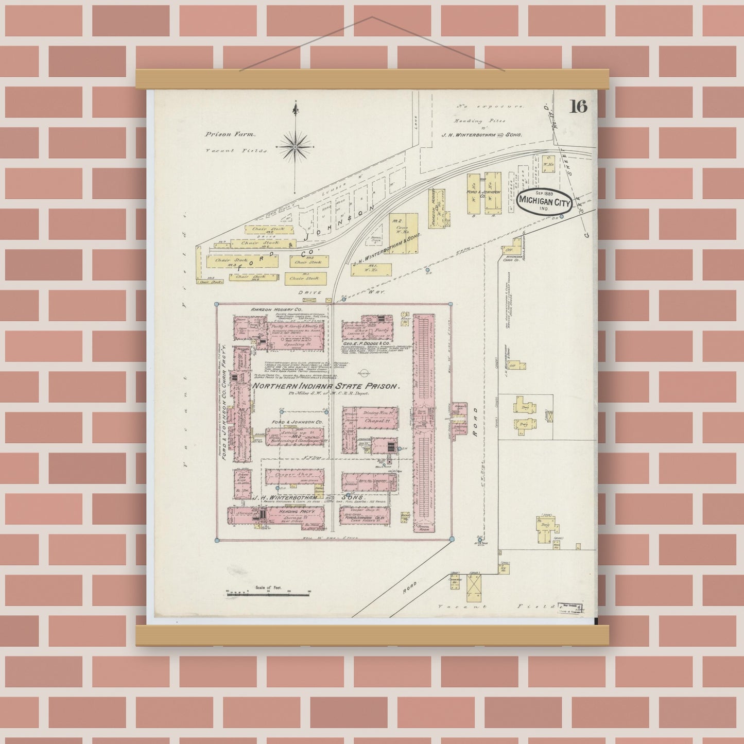 Old map wall art mockup — magnetic wood frame on brick wall — Sanborn Fire Insurance Map from Michigan City, La Porte County, Indiana (1889), Sheet #0016