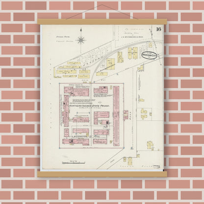 Old map wall art mockup — magnetic wood frame on brick wall — Sanborn Fire Insurance Map from Michigan City, La Porte County, Indiana (1889), Sheet #0016