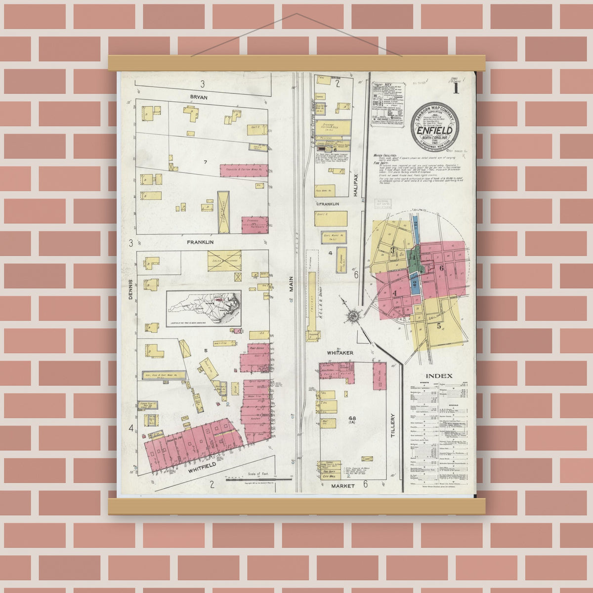 Old map wall art mockup — magnetic wood frame on brick wall — Sanborn Fire Insurance Map from Enfield, Halifax County, North Carolina (1921) - Complete Map Set