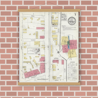 Old map wall art mockup — magnetic wood frame on brick wall — Sanborn Fire Insurance Map from Enfield, Halifax County, North Carolina (1921) - Complete Map Set