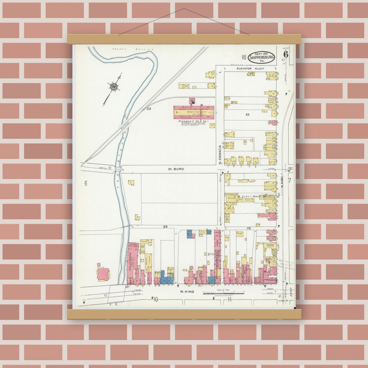 Old map wall art mockup — magnetic wood frame on brick wall — Sanborn Fire Insurance Map from Shippensburg, Cumberland And Franklin Counties, Pennsylvania (1921), Sheet #0006