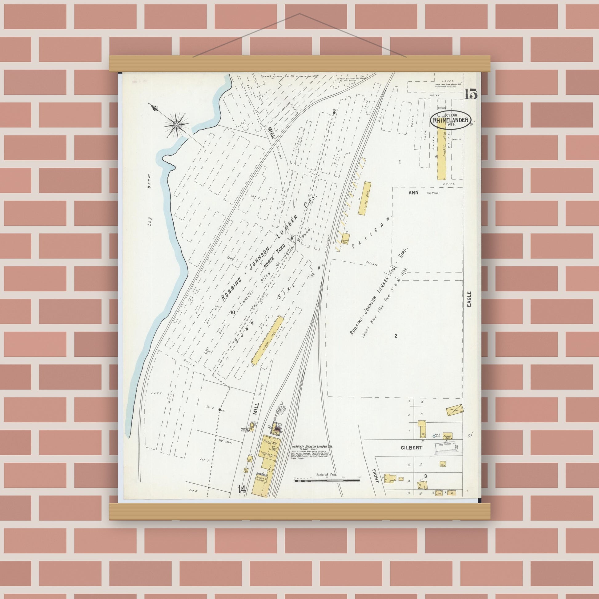 Old map wall art mockup — magnetic wood frame on brick wall — Sanborn Fire Insurance Map from Rhinelander, Oneida County, Wisconsin (1900), Sheet #0015