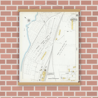 Old map wall art mockup — magnetic wood frame on brick wall — Sanborn Fire Insurance Map from Rhinelander, Oneida County, Wisconsin (1900), Sheet #0015