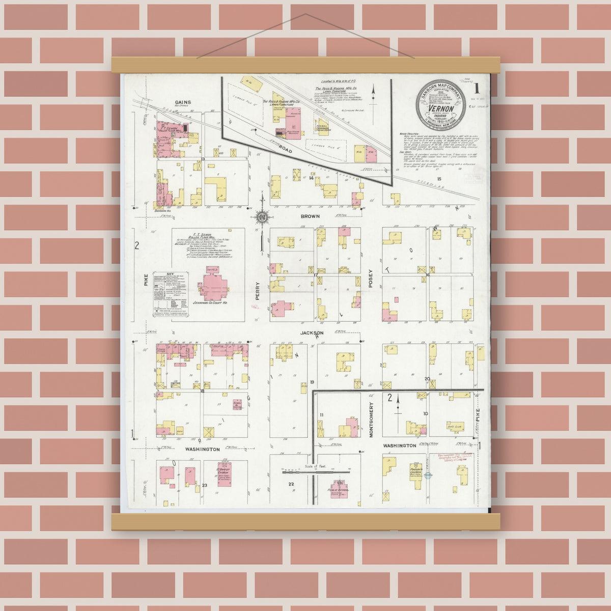 Old map wall art mockup — magnetic wood frame on brick wall — Sanborn Fire Insurance Map from Vernon, Jennings County, Indiana (1911), Sheet #0001