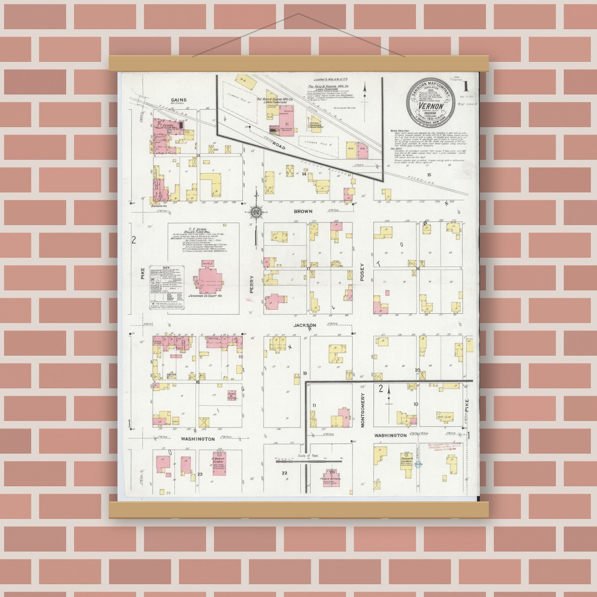 Old map wall art mockup — magnetic wood frame on brick wall — Sanborn Fire Insurance Map from Vernon, Jennings County, Indiana (1911), Sheet #0001
