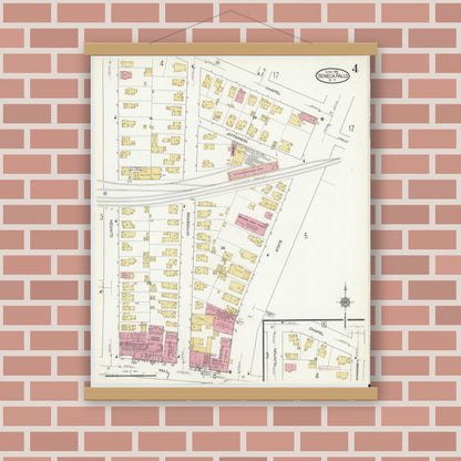 Old map wall art mockup — magnetic wood frame on brick wall — Sanborn Fire Insurance Map from Seneca Falls, Seneca County, New York (1916), Sheet #0004