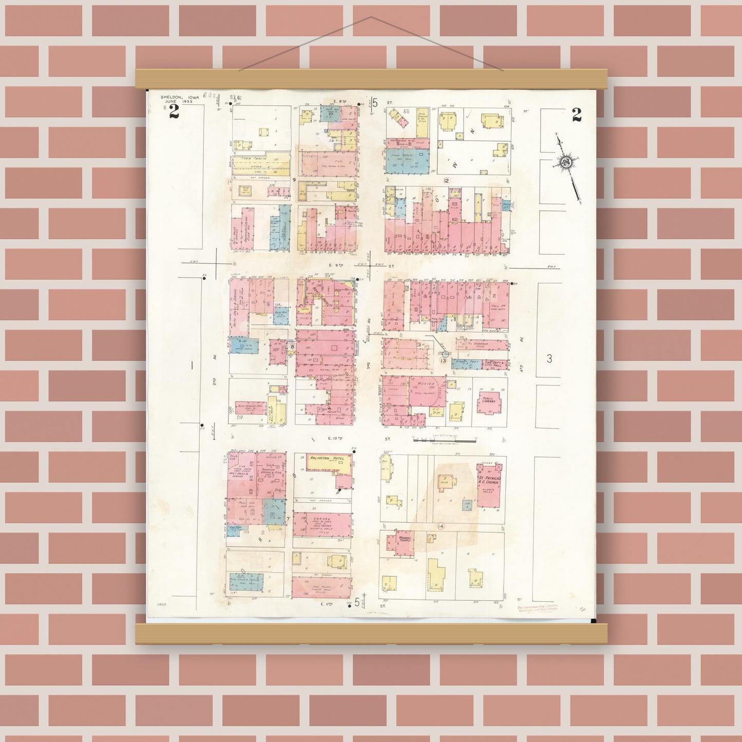 Old map wall art mockup — magnetic wood frame on brick wall — Sanborn Fire Insurance Map from Sheldon, O'Brien County, Iowa (1948), Sheet #0002
