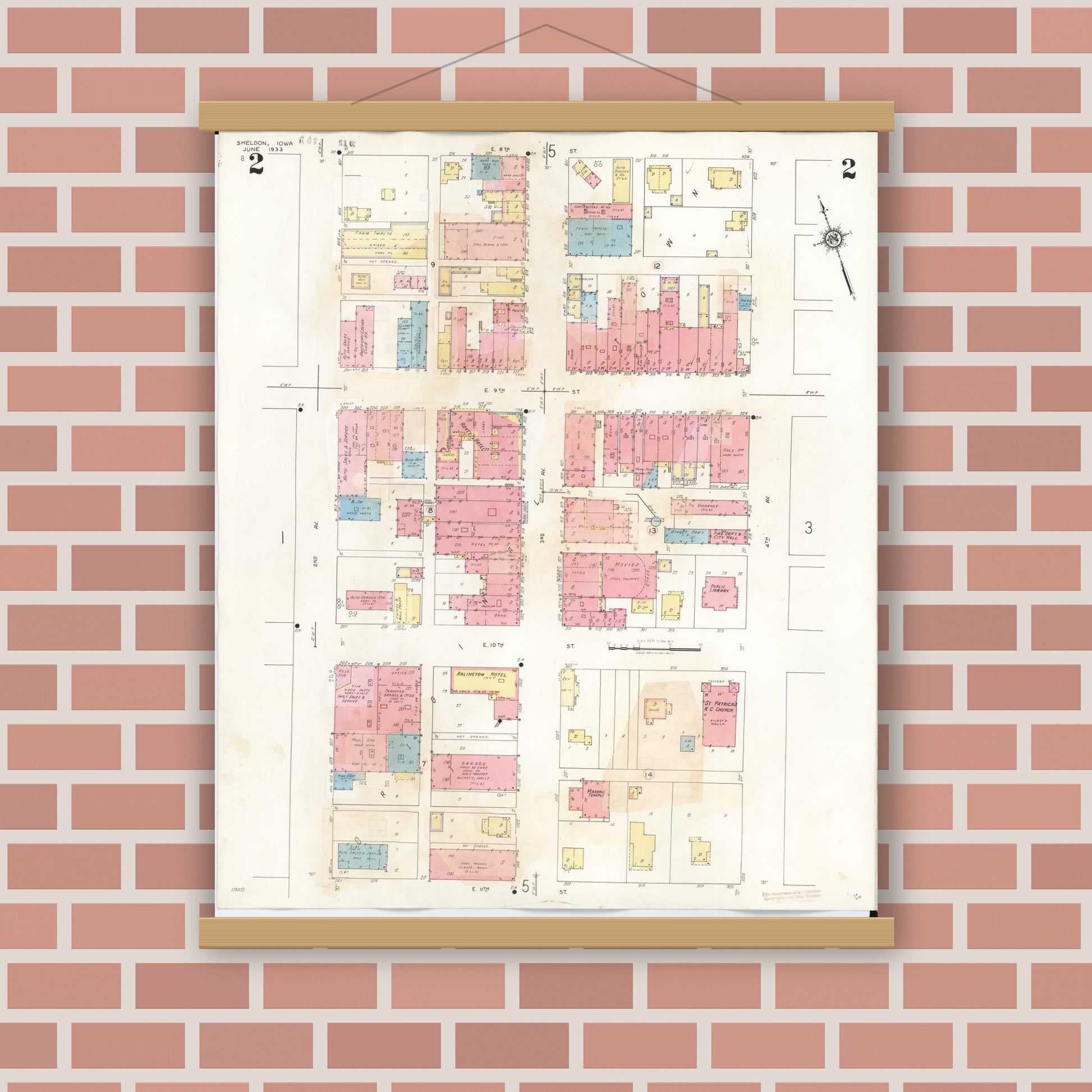 Old map wall art mockup — magnetic wood frame on brick wall — Sanborn Fire Insurance Map from Sheldon, O'Brien County, Iowa (1948), Sheet #0002