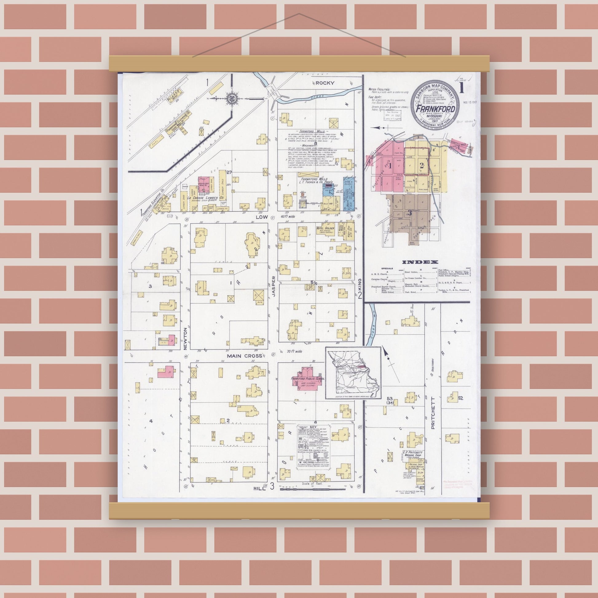 Old map wall art mockup — magnetic wood frame on brick wall — Sanborn Fire Insurance Map from Frankford, Pike County, Missouri (1917) - Complete Map Set