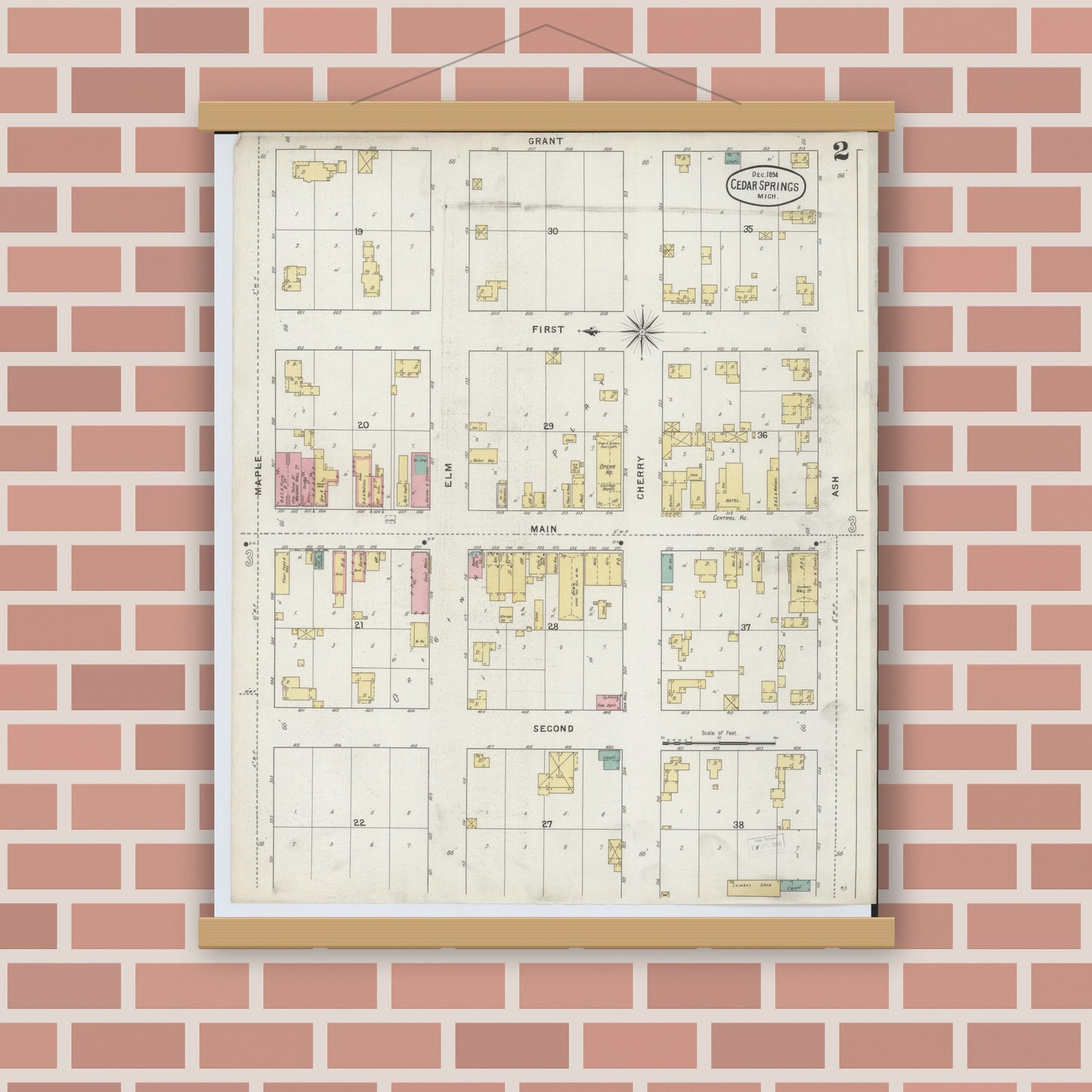 Old map wall art mockup — magnetic wood frame on brick wall — Sanborn Fire Insurance Map from Cedar Springs, Kent County, Michigan (1894), Sheet #0002