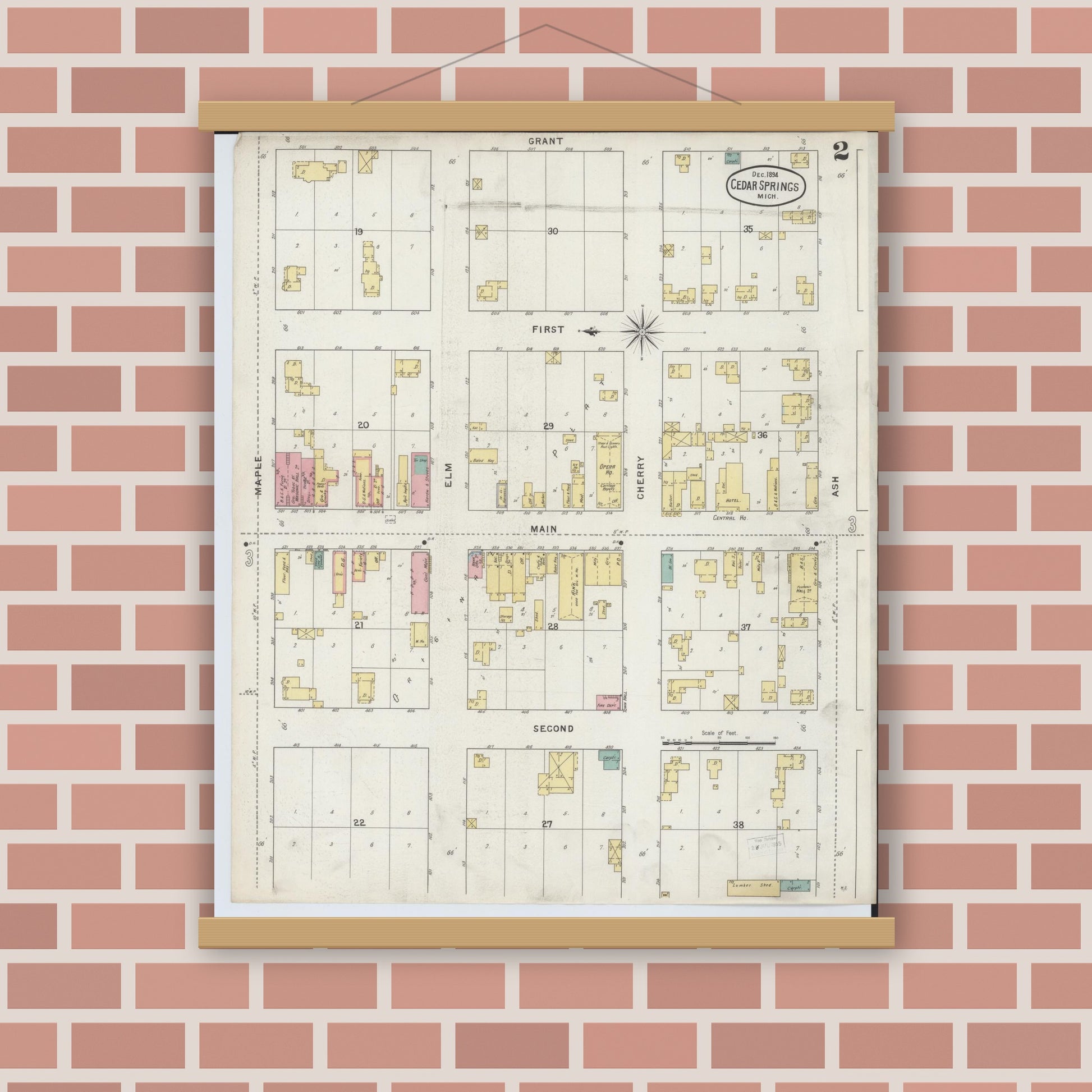 Old map wall art mockup — magnetic wood frame on brick wall — Sanborn Fire Insurance Map from Cedar Springs, Kent County, Michigan (1894), Sheet #0002