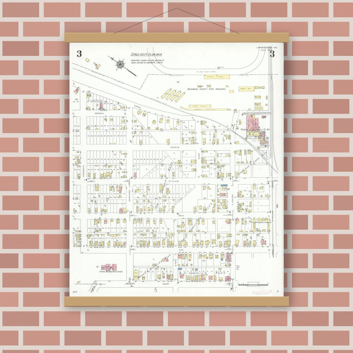 Old map wall art mockup — magnetic wood frame on brick wall — Sanborn Fire Insurance Map from Lawrenceburg, Dearborn County, Indiana (1939), Sheet #0003
