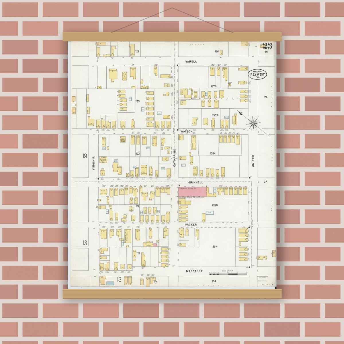 Old map wall art mockup — magnetic wood frame on brick wall — Sanborn Fire Insurance Map from Key West, Monroe County, Florida (1899), Sheet #0023
