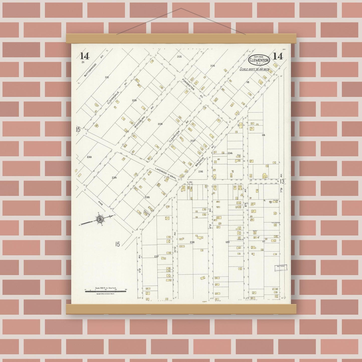 Old map wall art mockup — magnetic wood frame on brick wall — Sanborn Fire Insurance Map from Clementon, Camden County, New Jersey (1924), Sheet #0014