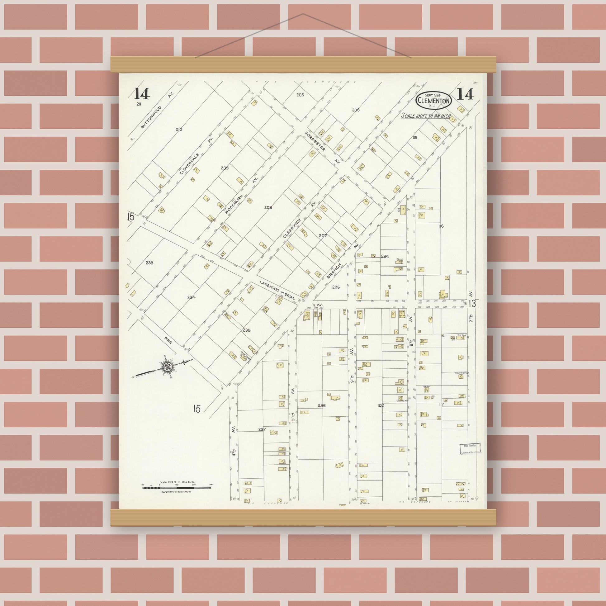 Old map wall art mockup — magnetic wood frame on brick wall — Sanborn Fire Insurance Map from Clementon, Camden County, New Jersey (1924), Sheet #0014