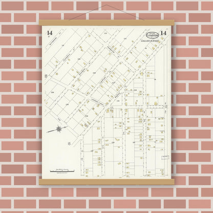 Old map wall art mockup — magnetic wood frame on brick wall — Sanborn Fire Insurance Map from Clementon, Camden County, New Jersey (1924), Sheet #0014