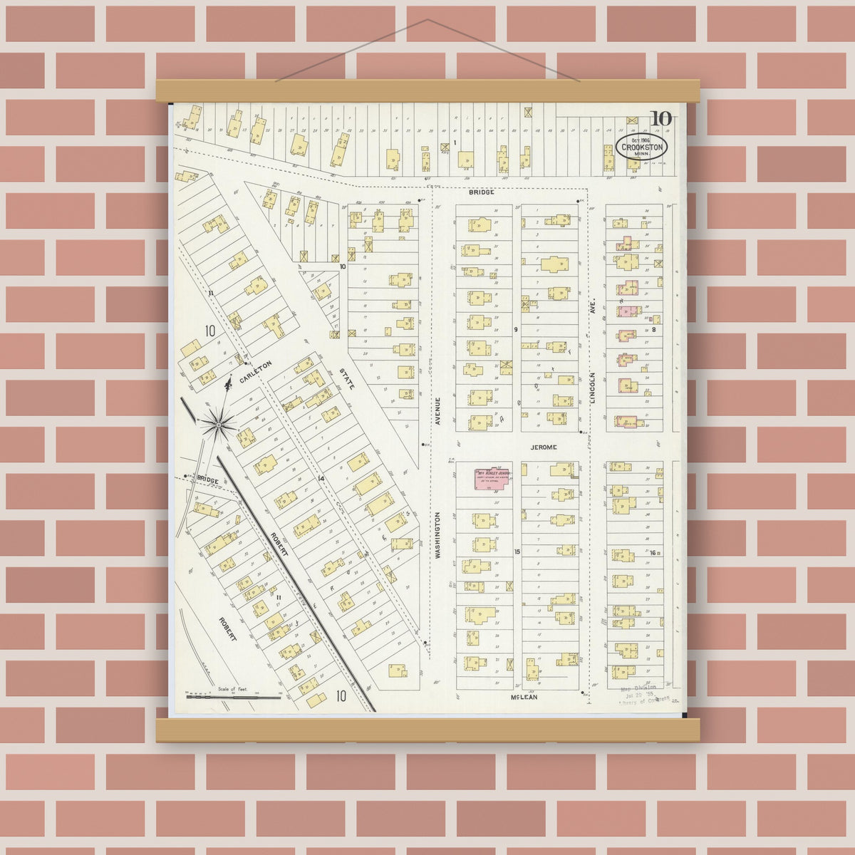 Old map wall art mockup — magnetic wood frame on brick wall — Sanborn Fire Insurance Map from Crookston, Polk County, Minnesota (1906), Sheet #0010