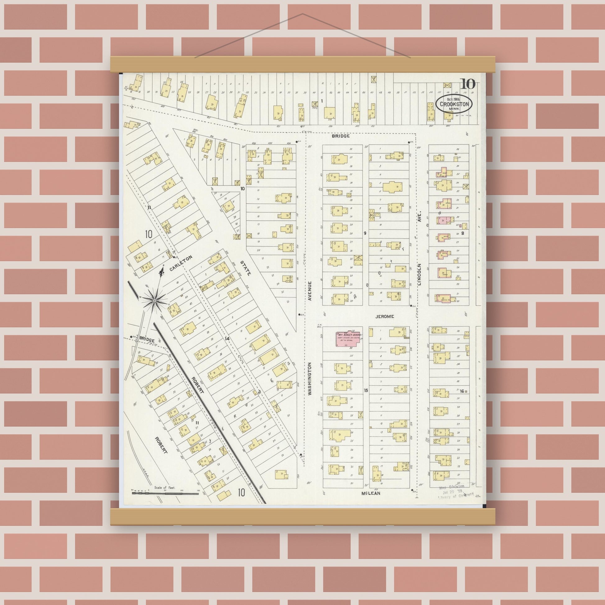 Old map wall art mockup — magnetic wood frame on brick wall — Sanborn Fire Insurance Map from Crookston, Polk County, Minnesota (1906), Sheet #0010