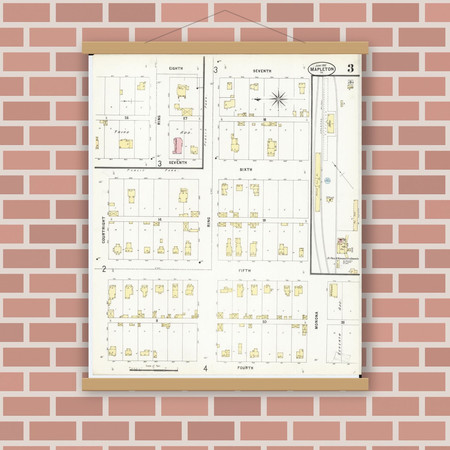 Old map wall art mockup — magnetic wood frame on brick wall — Sanborn Fire Insurance Map from Mapleton, Monona County, Iowa (1897), Sheet #0003