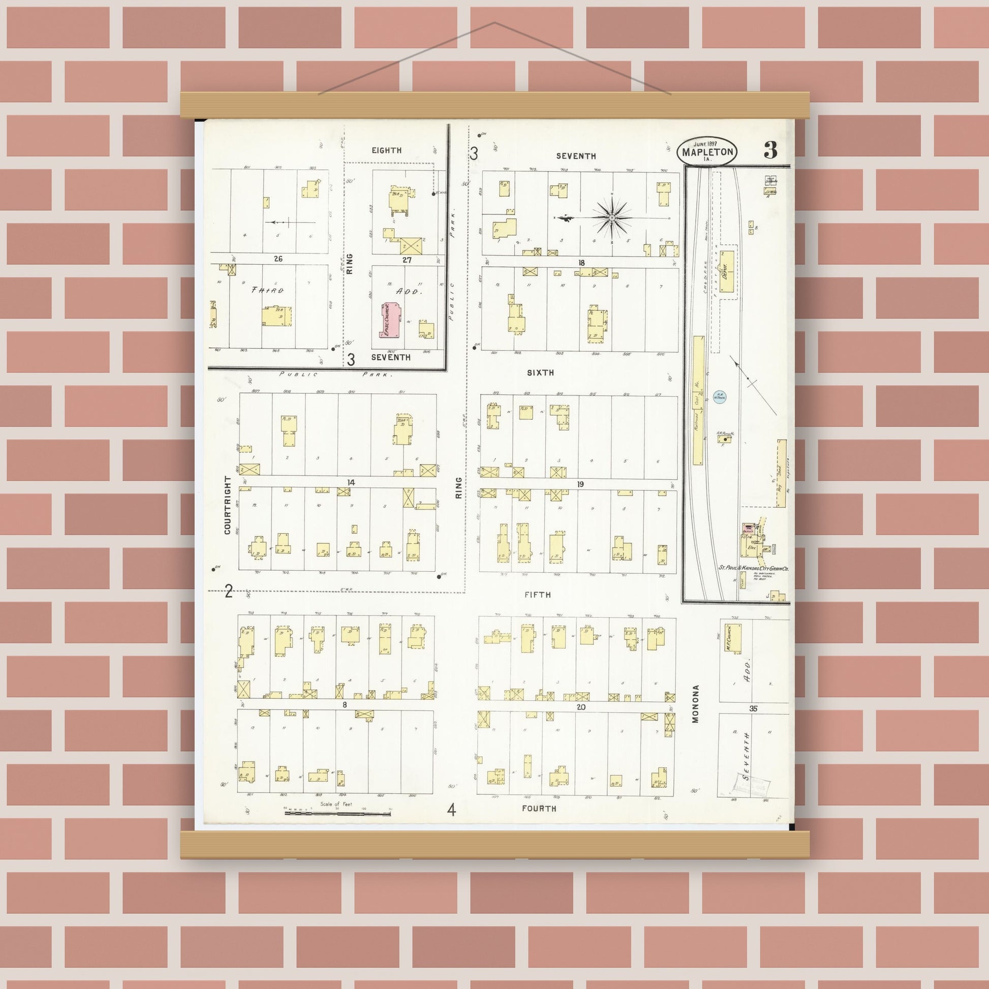 Old map wall art mockup — magnetic wood frame on brick wall — Sanborn Fire Insurance Map from Mapleton, Monona County, Iowa (1897), Sheet #0003