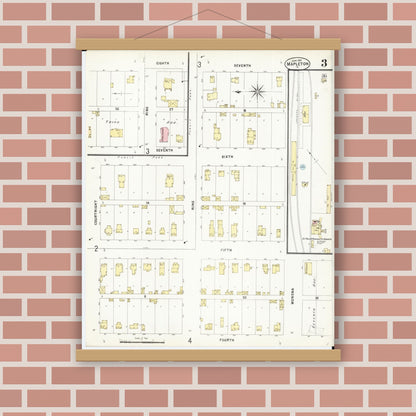 Old map wall art mockup — magnetic wood frame on brick wall — Sanborn Fire Insurance Map from Mapleton, Monona County, Iowa (1897), Sheet #0003