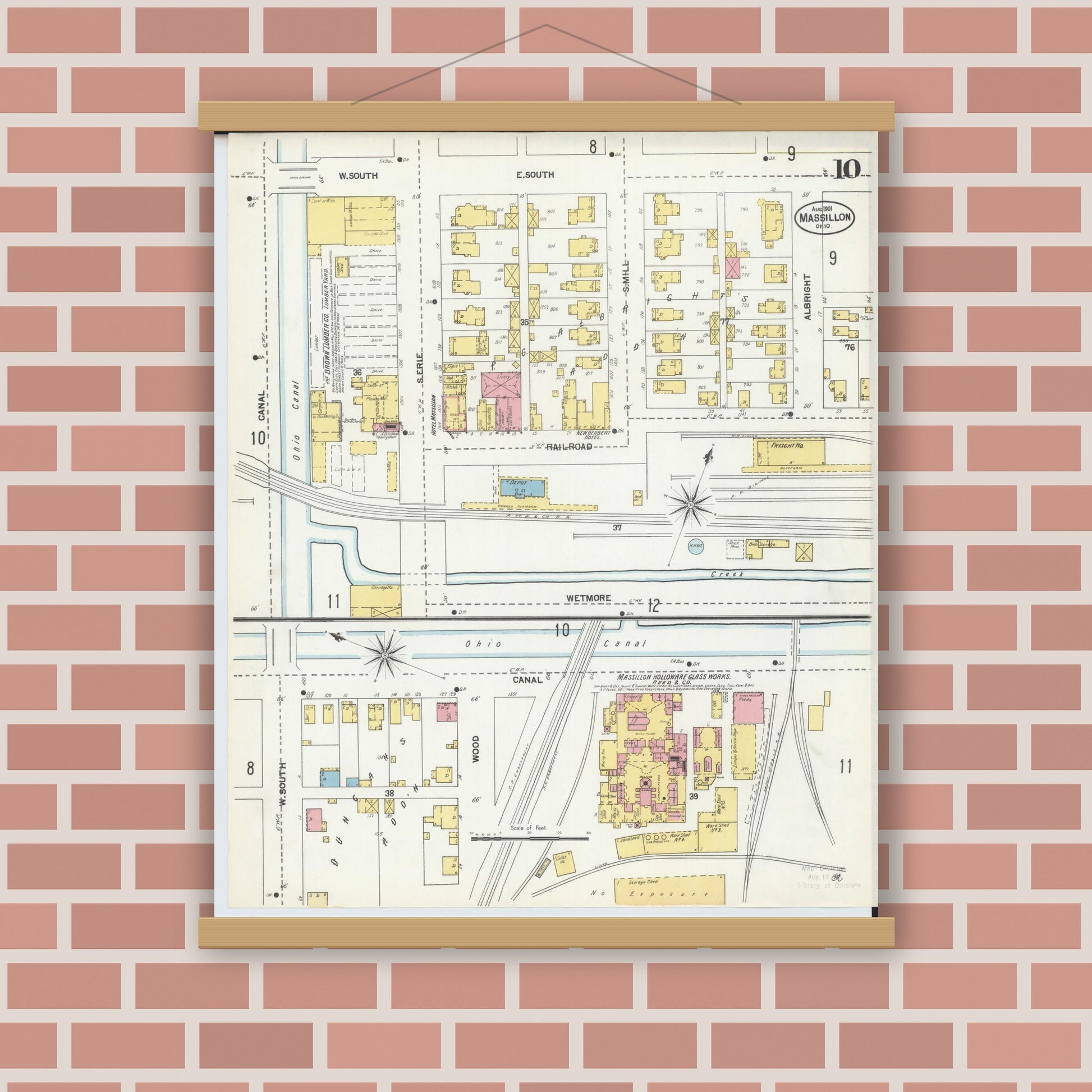 Old map wall art mockup — magnetic wood frame on brick wall — Sanborn Fire Insurance Map from Massillon, Stark County, Ohio (1901), Sheet #0010