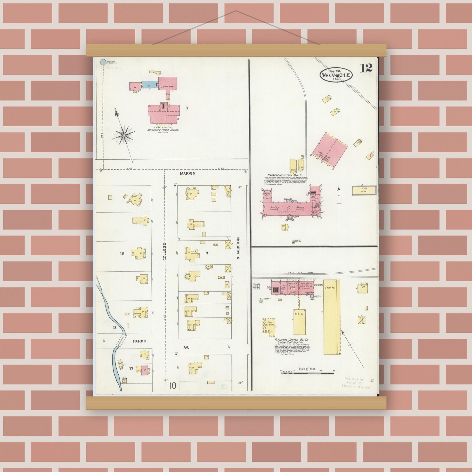 Old map wall art mockup — magnetic wood frame on brick wall — Sanborn Fire Insurance Map from Waxahachie, Ellis County, Texas (1904), Sheet #0012