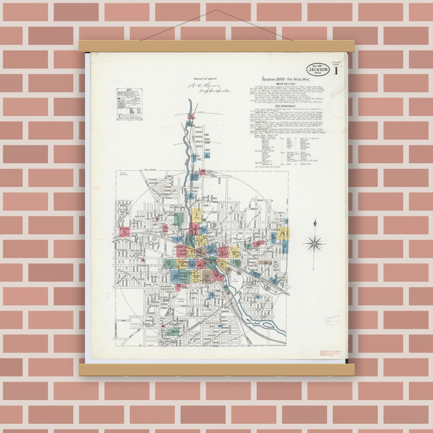 Old map wall art mockup — magnetic wood frame on brick wall — Sanborn Fire Insurance Map from Jackson, Jackson County, Michigan (1899) - Complete Map Set