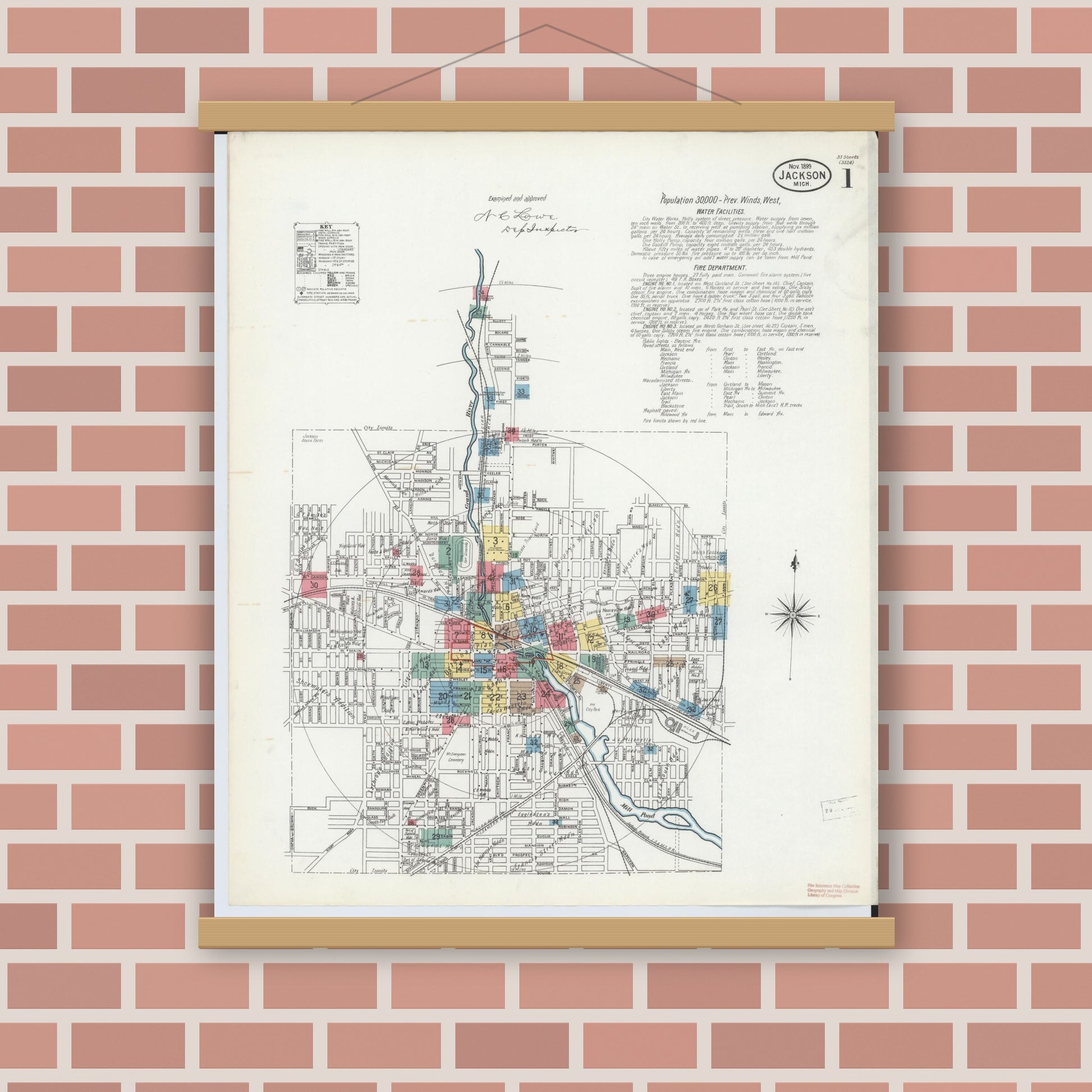 Old map wall art mockup — magnetic wood frame on brick wall — Sanborn Fire Insurance Map from Jackson, Jackson County, Michigan (1899) - Complete Map Set