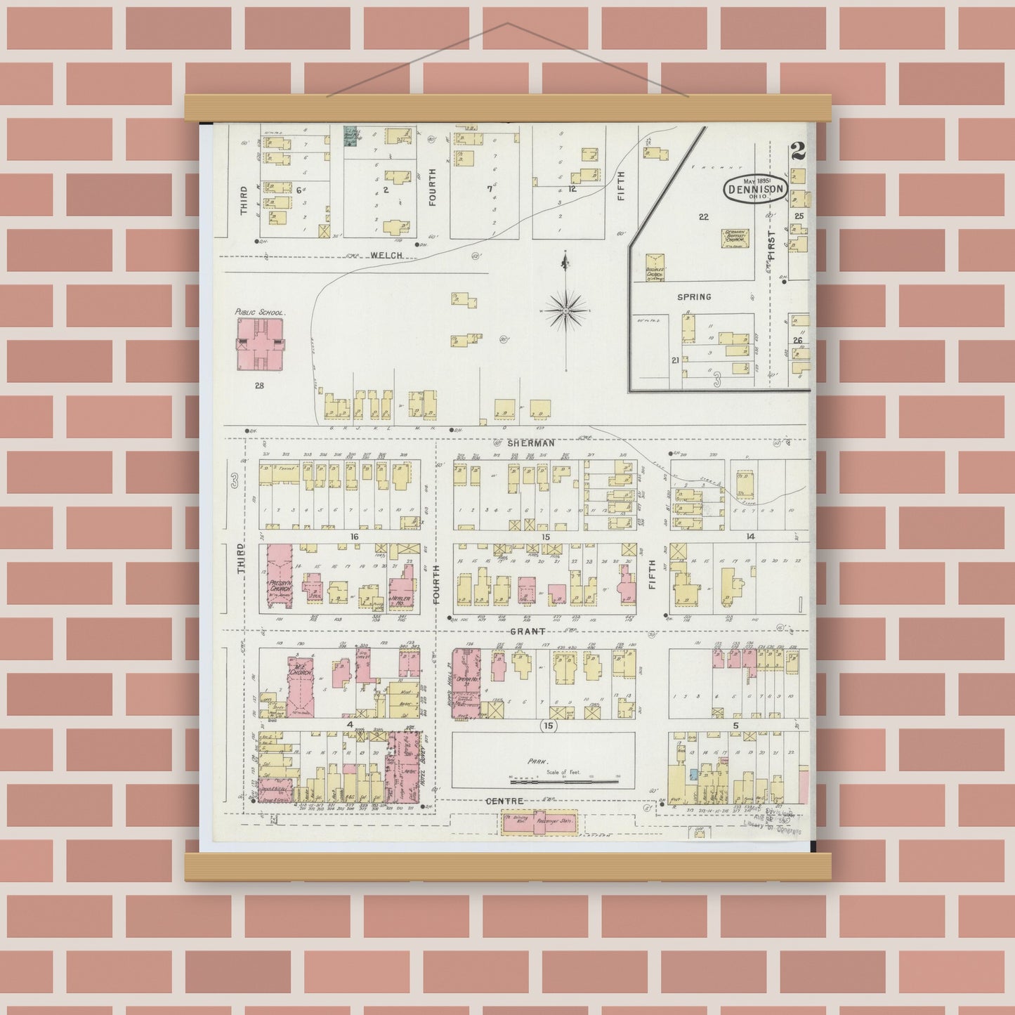 Old map wall art mockup — magnetic wood frame on brick wall — Sanborn Fire Insurance Map from Dennison, Tuscarawas County, Ohio (1895), Sheet #0002