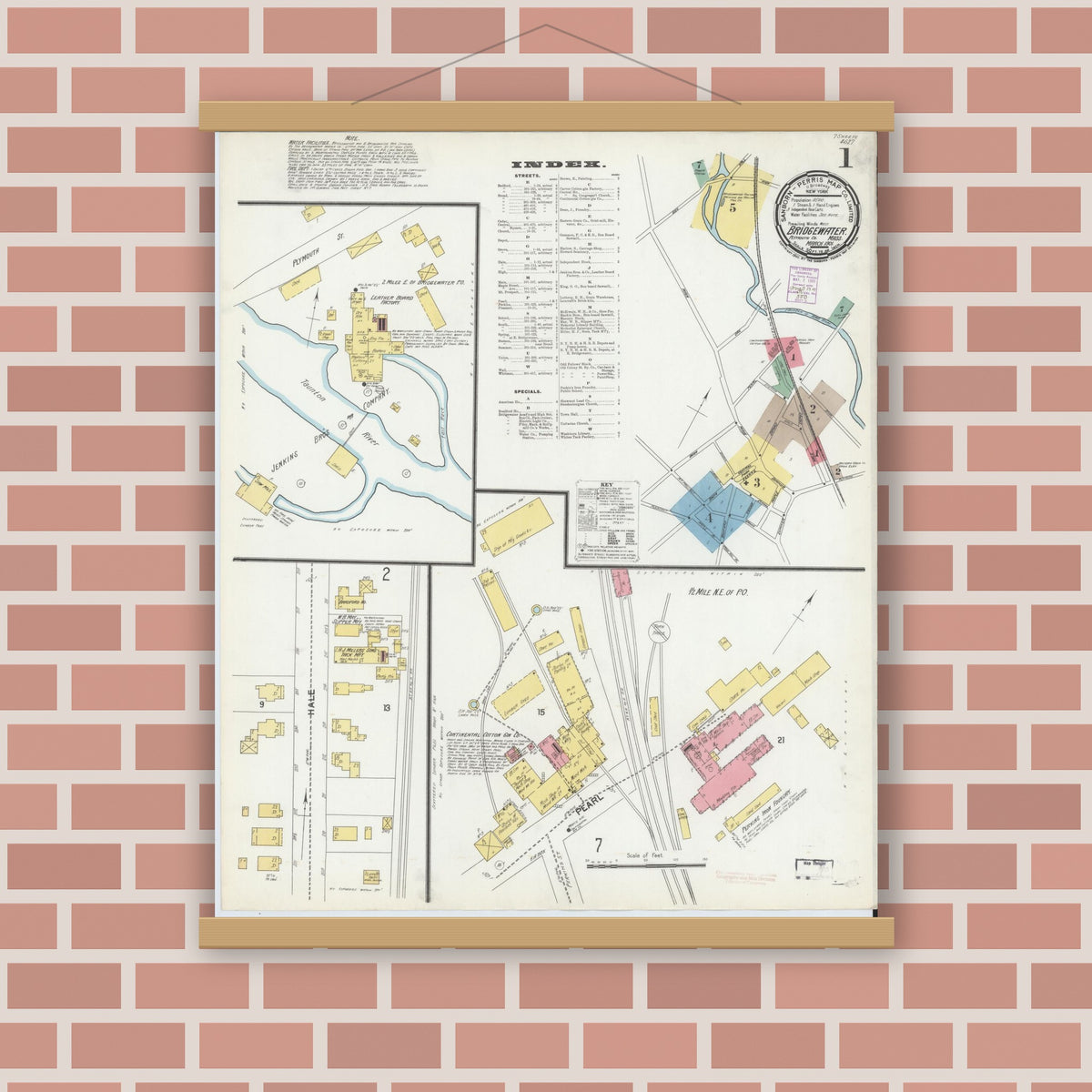 Old map wall art mockup — magnetic wood frame on brick wall — Sanborn Fire Insurance Map from Bridgewater, Plymouth County, Massachusetts (1901), Sheet #0001