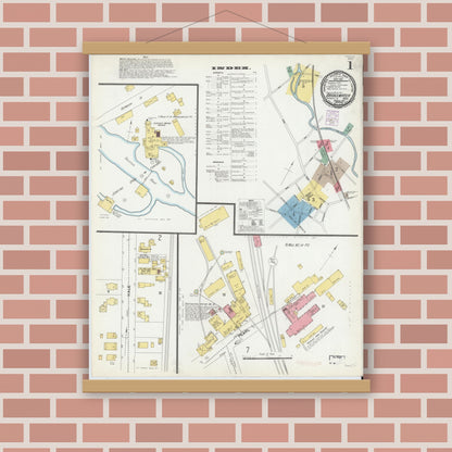 Old map wall art mockup — magnetic wood frame on brick wall — Sanborn Fire Insurance Map from Bridgewater, Plymouth County, Massachusetts (1901), Sheet #0001