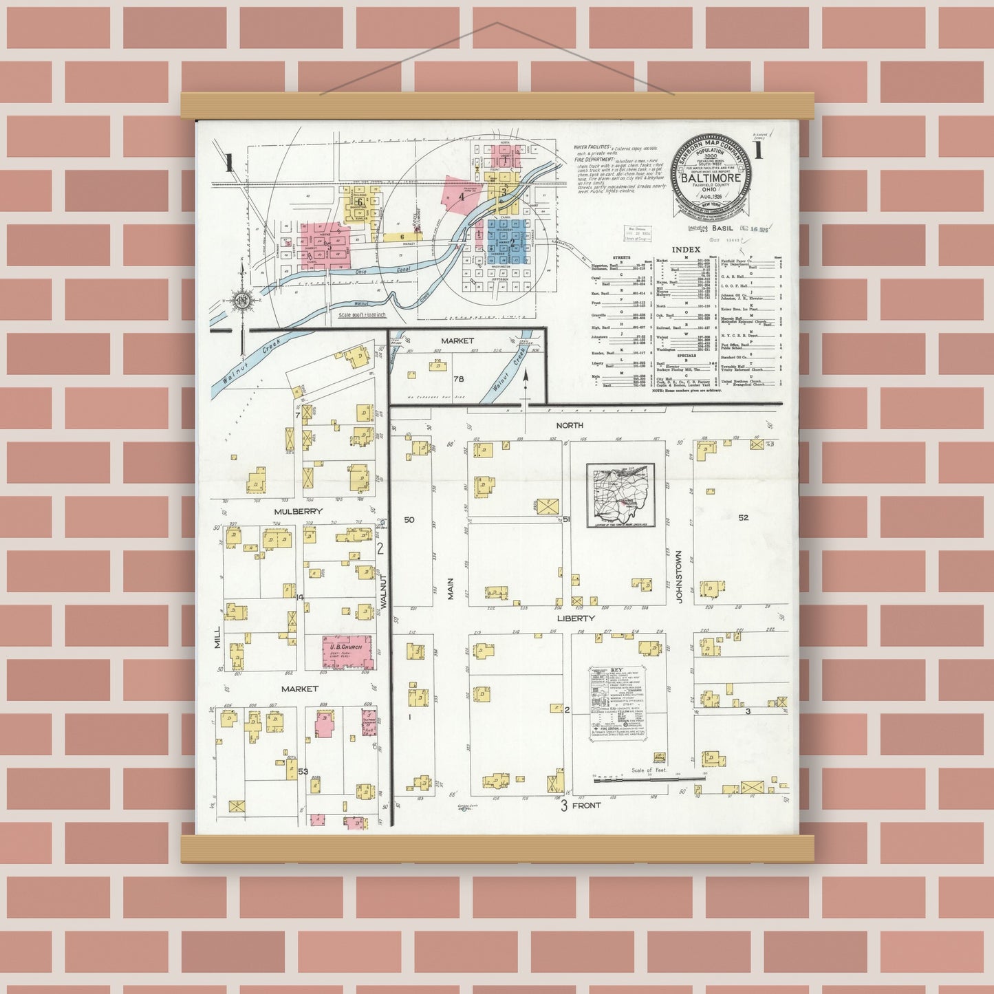 Old map wall art mockup — magnetic wood frame on brick wall — Sanborn Fire Insurance Map from Baltimore, Fairfield County, Ohio (1926) - Complete Map Set