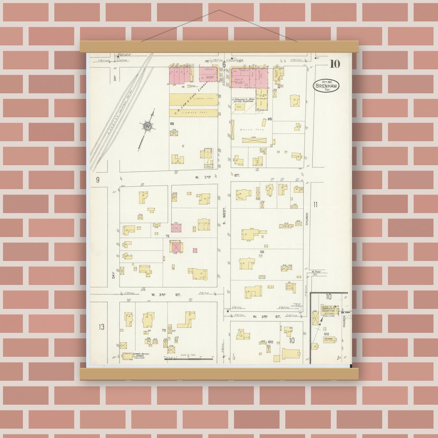 Old map wall art mockup — magnetic wood frame on brick wall — Sanborn Fire Insurance Map from Brenham, Washington County, Texas (1912), Sheet #0010