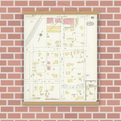 Old map wall art mockup — magnetic wood frame on brick wall — Sanborn Fire Insurance Map from Brenham, Washington County, Texas (1912), Sheet #0010