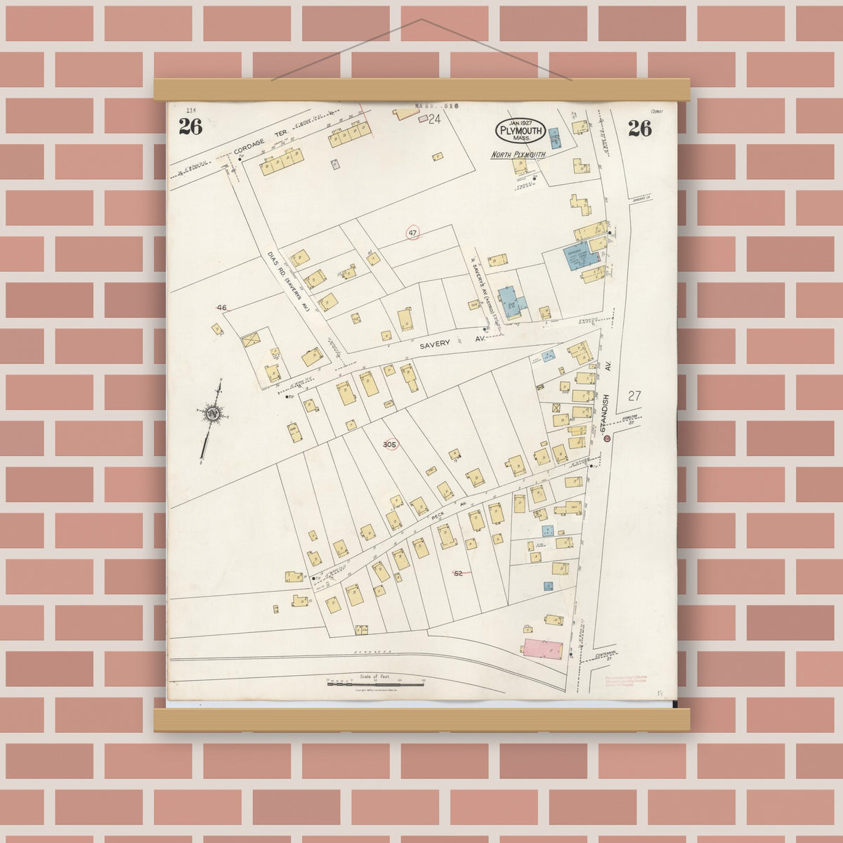 Old map wall art mockup — magnetic wood frame on brick wall — Sanborn Fire Insurance Map from Plymouth, Plymouth County, Massachusetts (1948), Sheet #0026