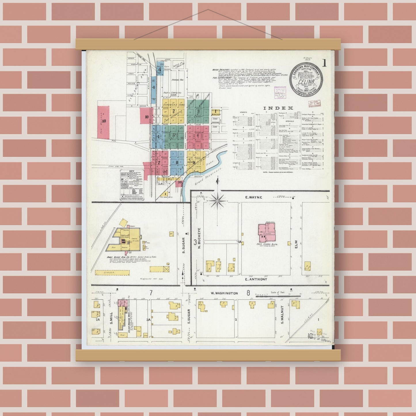 Old map wall art mockup — magnetic wood frame on brick wall — Sanborn Fire Insurance Map from Celina, Mercer County, Ohio (1907), Sheet #0001