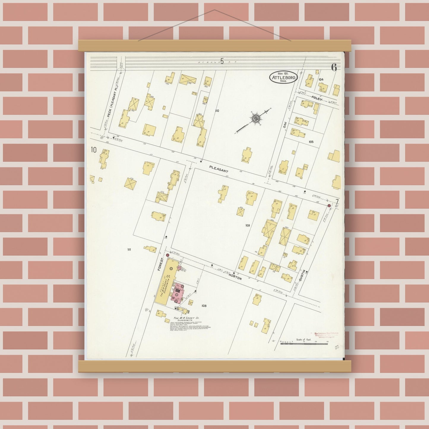 Old map wall art mockup — magnetic wood frame on brick wall — Sanborn Fire Insurance Map from Attleboro, Bristol County, Massachusetts (1911), Sheet #0006