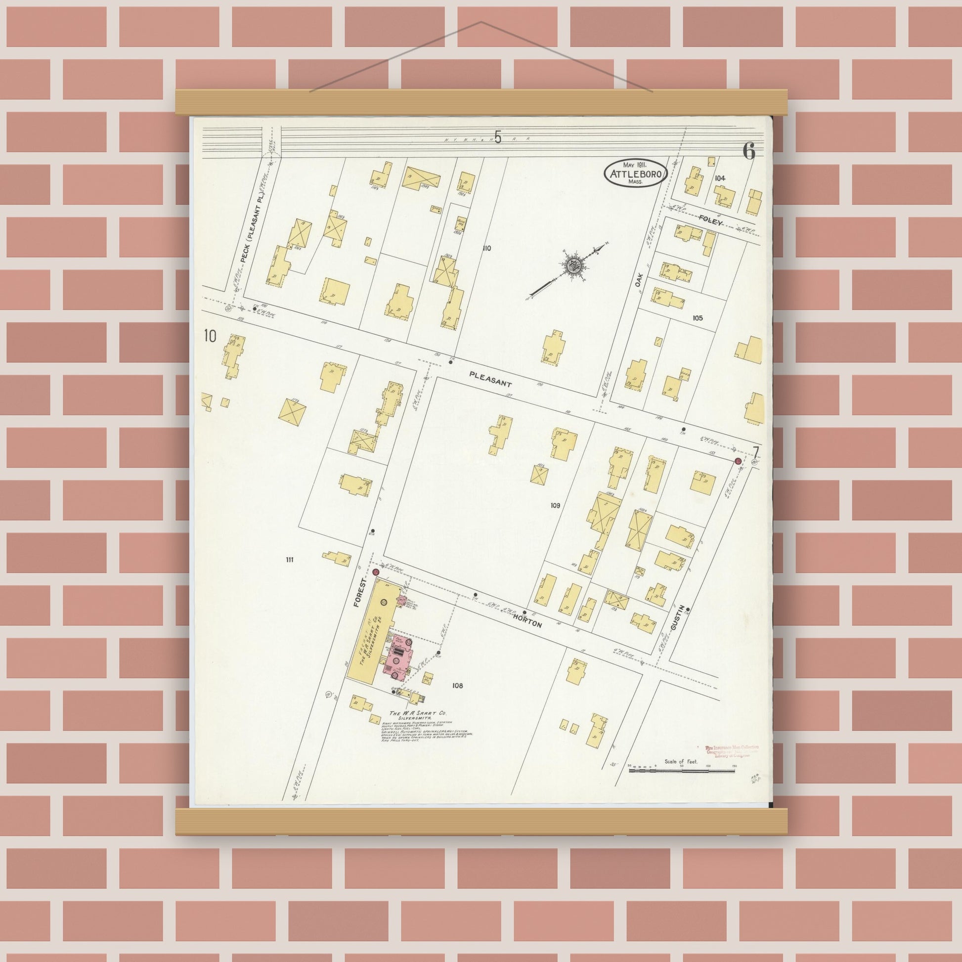 Old map wall art mockup — magnetic wood frame on brick wall — Sanborn Fire Insurance Map from Attleboro, Bristol County, Massachusetts (1911), Sheet #0006