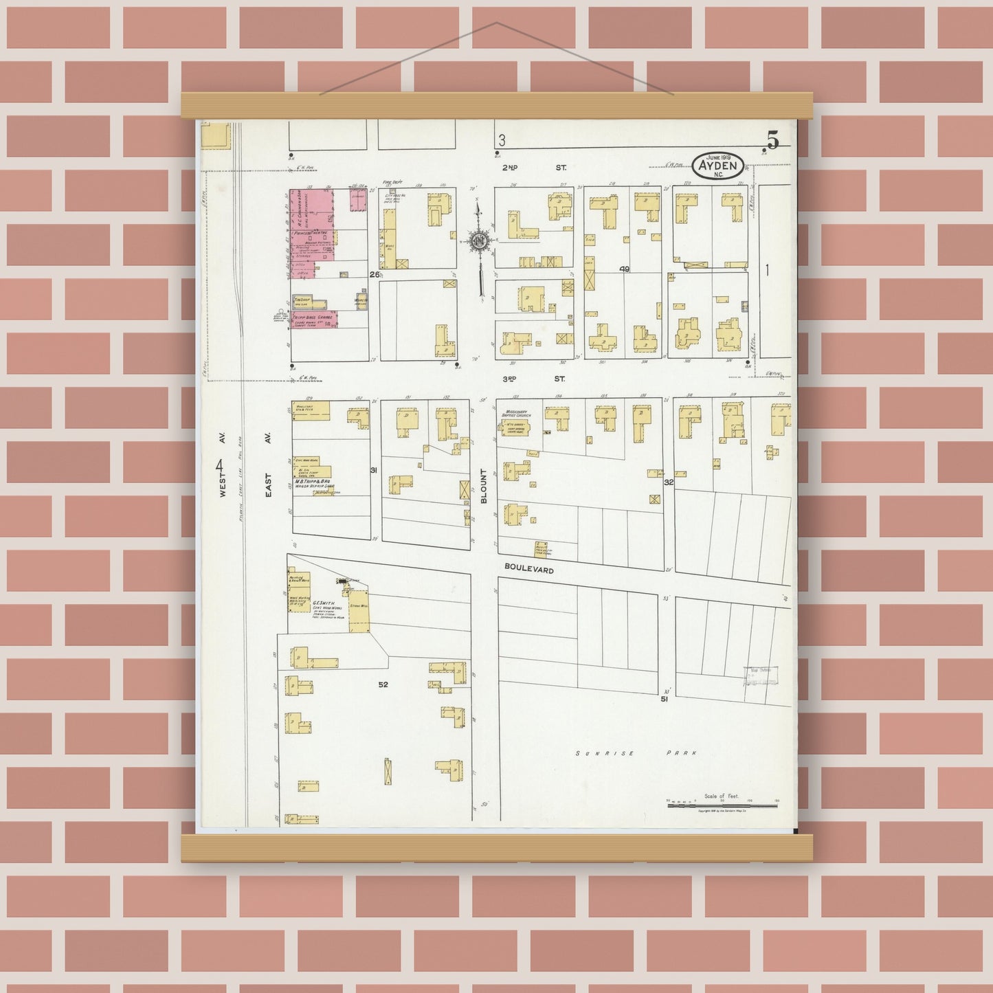 Old map wall art mockup — magnetic wood frame on brick wall — Sanborn Fire Insurance Map from Ayden, Pitt County, North Carolina (1919), Sheet #0005