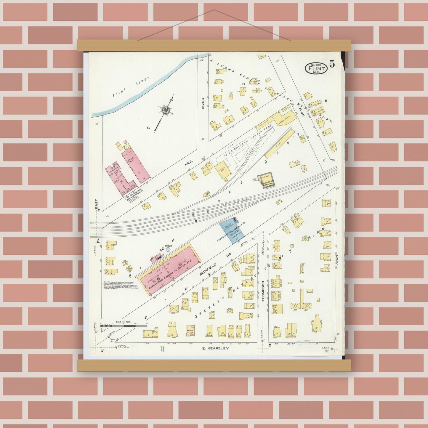 Old map wall art mockup — magnetic wood frame on brick wall — Sanborn Fire Insurance Map from Flint, Genesee County, Michigan (1909), Sheet #0005