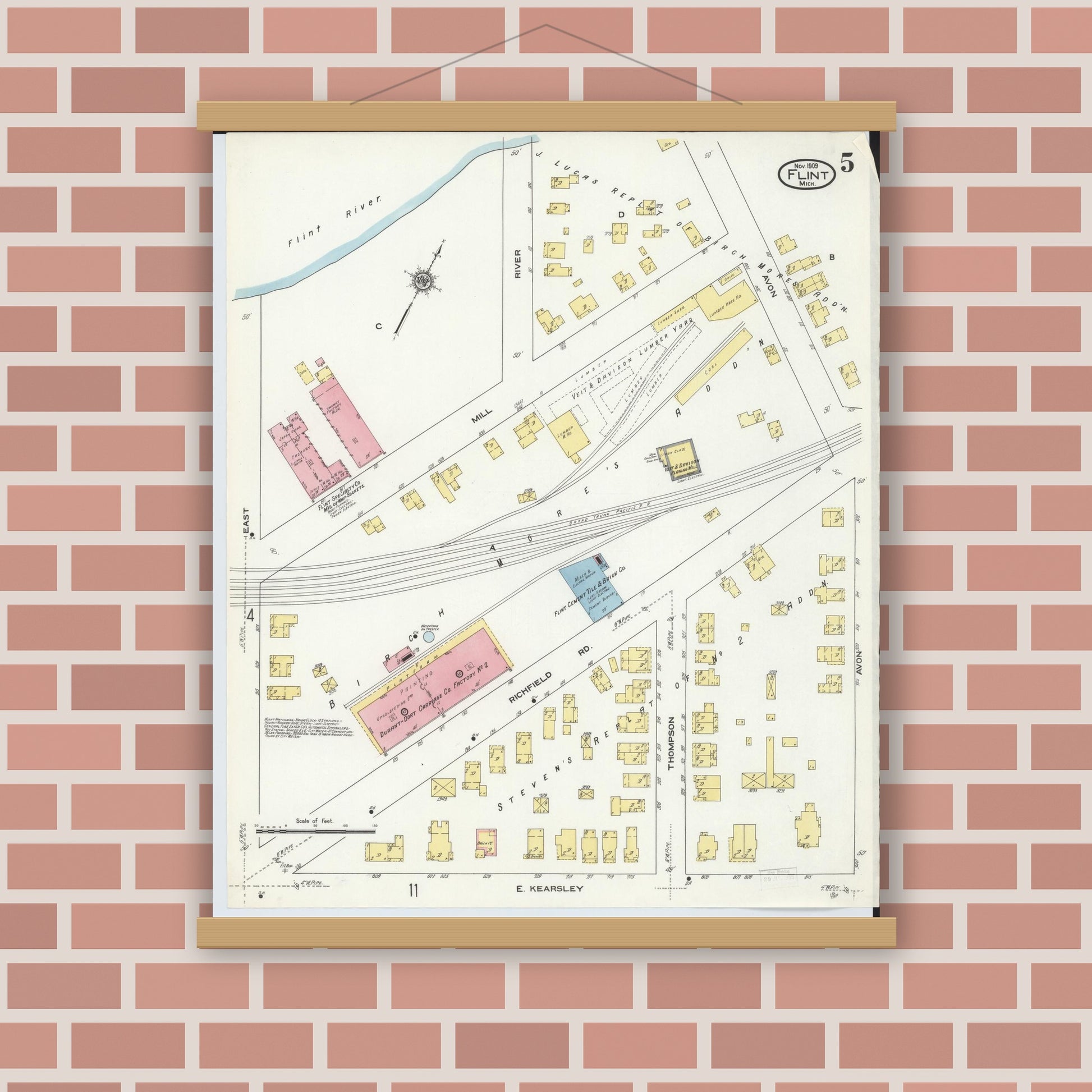 Old map wall art mockup — magnetic wood frame on brick wall — Sanborn Fire Insurance Map from Flint, Genesee County, Michigan (1909), Sheet #0005