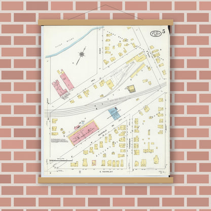Old map wall art mockup — magnetic wood frame on brick wall — Sanborn Fire Insurance Map from Flint, Genesee County, Michigan (1909), Sheet #0005