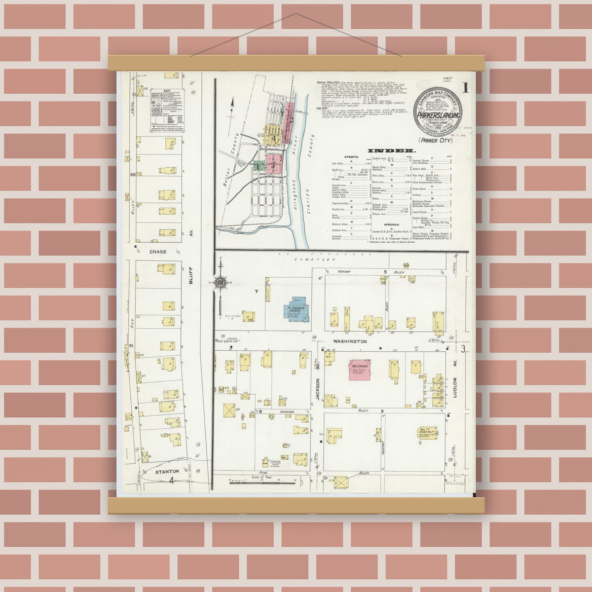 Old map wall art mockup — magnetic wood frame on brick wall — Sanborn Fire Insurance Map from Parkers Landing, Armstrong County, Pennsylvania (1910), Sheet #0001