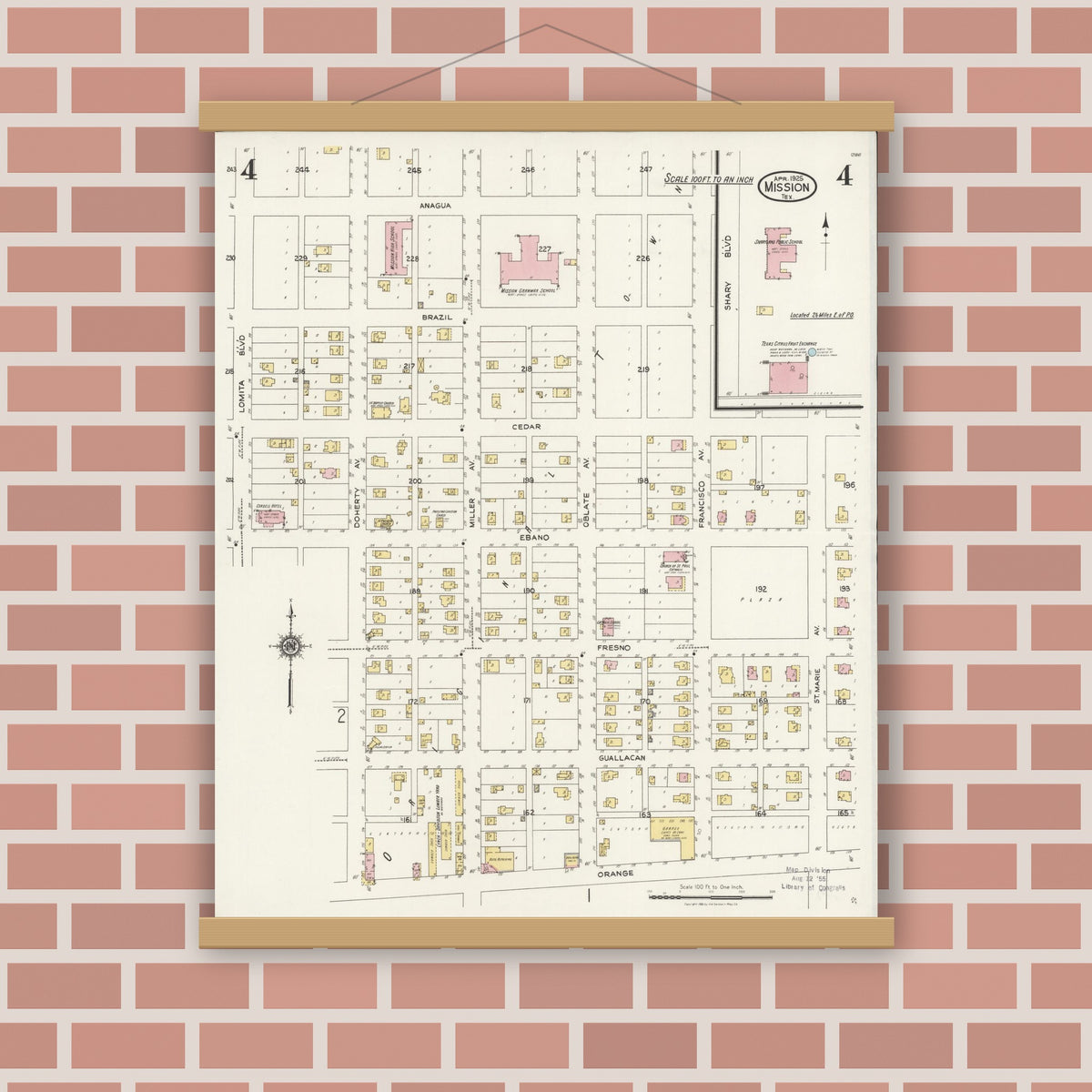 Old map wall art mockup — magnetic wood frame on brick wall — Sanborn Fire Insurance Map from Mission, Hidalgo County, Texas (1925), Sheet #0004