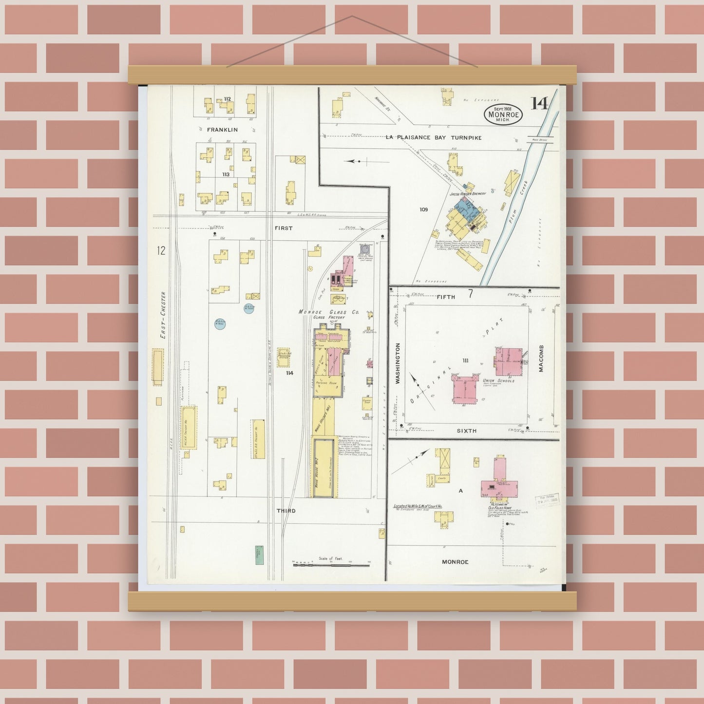 Old map wall art mockup — magnetic wood frame on brick wall — Sanborn Fire Insurance Map from Monroe, Monroe County, Michigan (1908), Sheet #0014